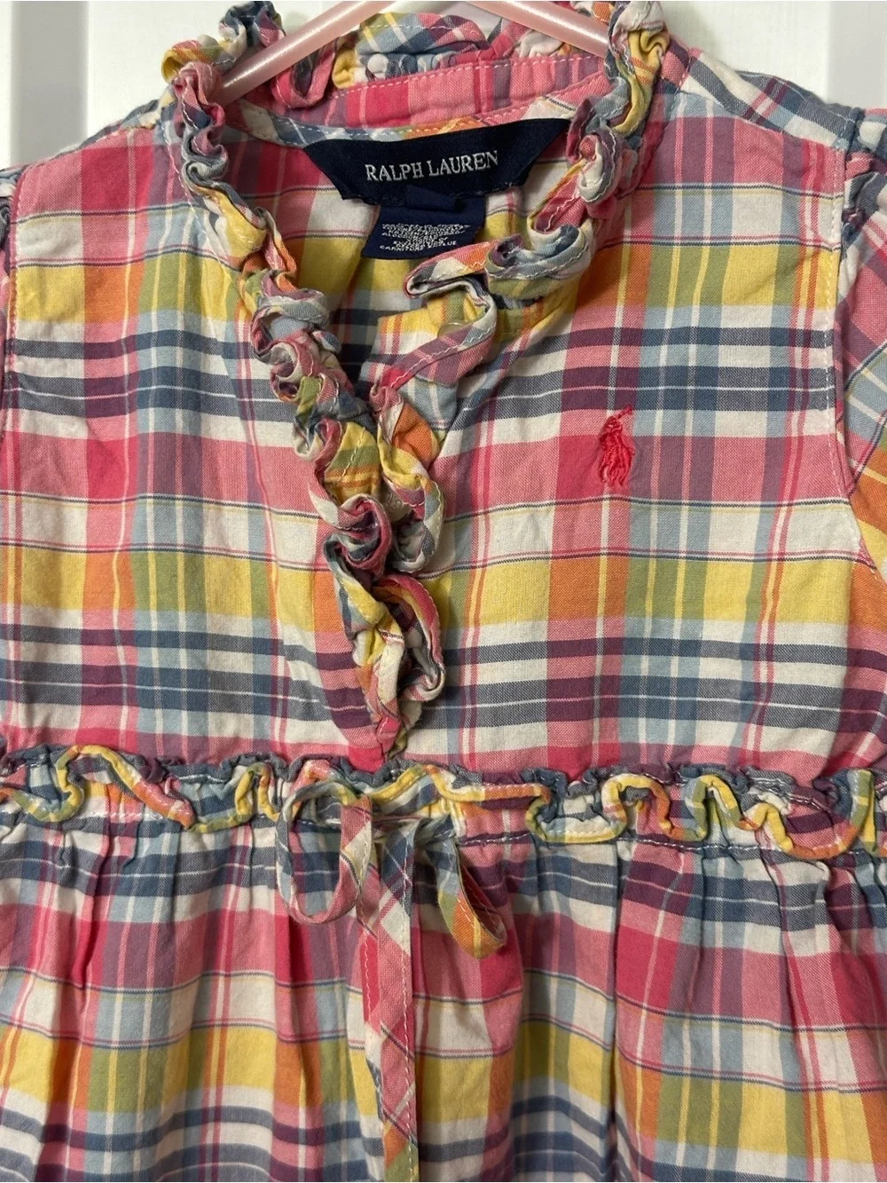 Ralph Lauren Baby Girl Blue Pink Plaid Ruffle Trim Dress Preppy Cottagecore